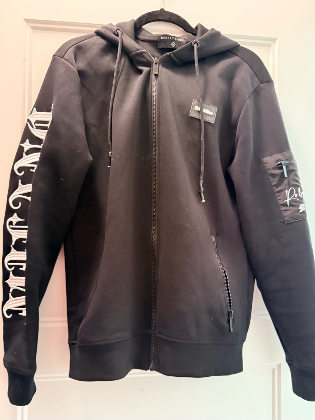Robert Vino Black Hooded Zip-Up Sweatshirt With Script Sleeve